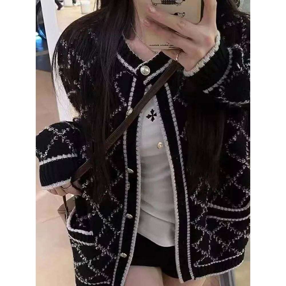 Long Sleeve Knitted Cardigan Argyle Sweater Autumn Winter Women Loose Jackets Plaid Office Coat Pockets Casual Elegant Clothes Z260313