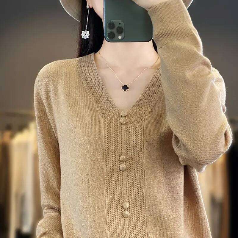 Fashion V Neck Button Detail Knit Sweater Versatile Long Sleeve Pullover Top Z260313
