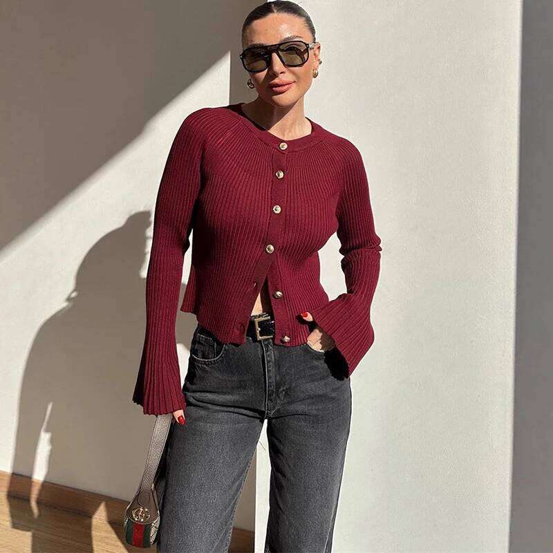 Talenza Autumn Knit Cardigan Fashion Ribbed Single Breasted Solid Long Sleeve Knitted Top Casual Basic Office Lady Women Sweater Z260313