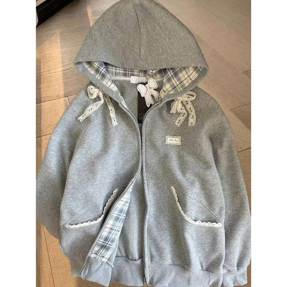 Zoki Lace Patchwork Hoodies Women Cute Bow Sweatshirt Japan Preppy Style Sweet Loose Long Sleeve Female Gray Outwear Z260314