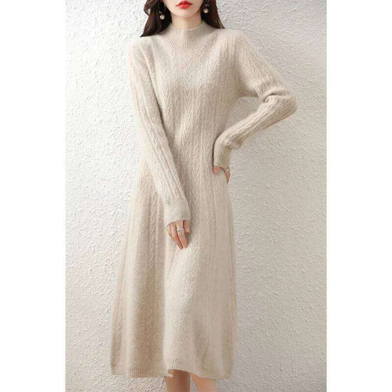 Elegant Fashion Dresses Cashmere Sweater Knitted Long Dress 100% Merino Wool Women Turtleneck Office Skirt Autumn Winter Clothes Z260314