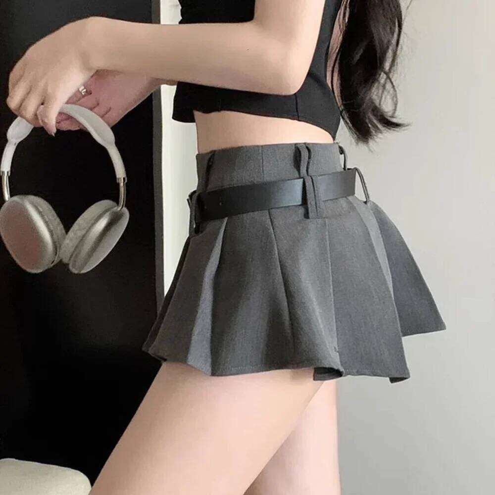 Sexy Pleated Mini Skirt With Shorts Women Korean Waist Belt Slim A-line Miniskirt Grey Black School High Street Z260314
