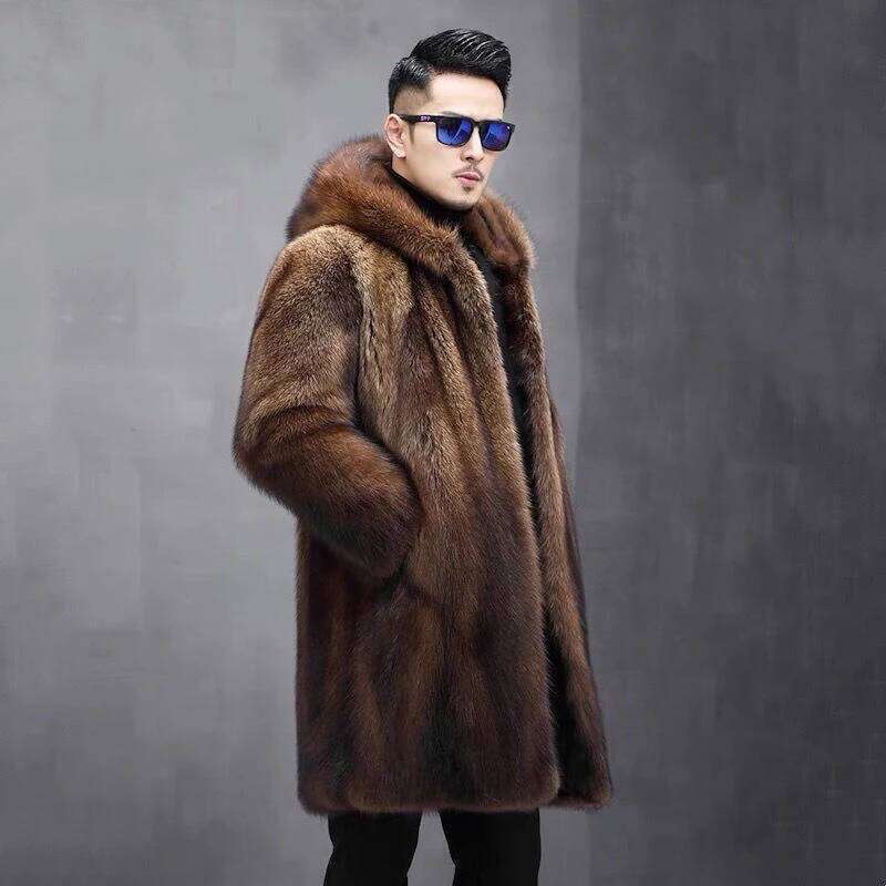 Men's long fur winter warm mink coat hooded jacket loose casual windbreaker Z260313