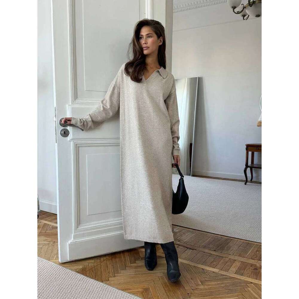 Hirsionsan Long Sleeve Autumn Winter Loose Polo Neck Sweater Dresses Women Soft Elegant Solid Knit Dress Female 2025 New Clothes Z260314