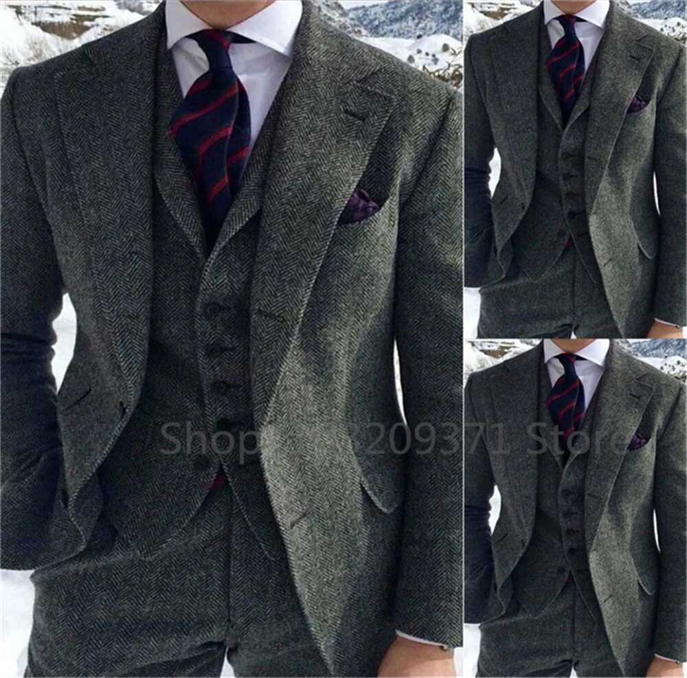 Gray Herringbone Winter Suit for Men Wool Tweed Slim Fit Formal Groom Wedding Tuxedo 3 Piece Sets Business Wedding Male Suits M260313