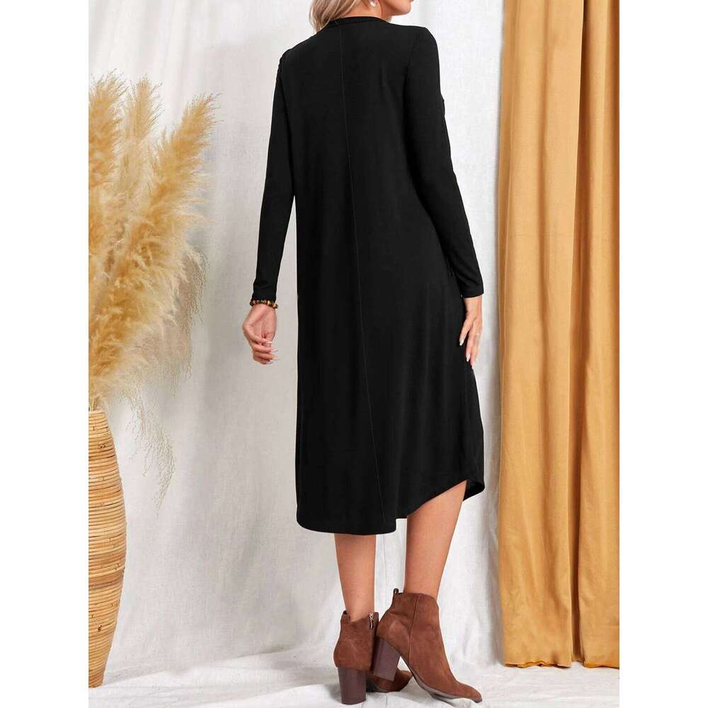 New autumn winter European and American women's solid color casual long-sleeved with curved hem loose dress Z260313