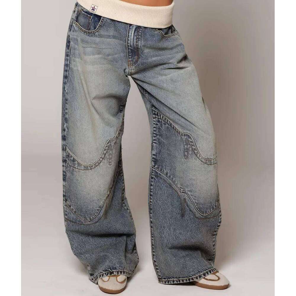 2025 Unisex Streetwear Hip Hop Baggy Straight-Leg Jeans Washed Blue Embroidered Spliced Distressed Cargo Pants Casual Denim Z260313