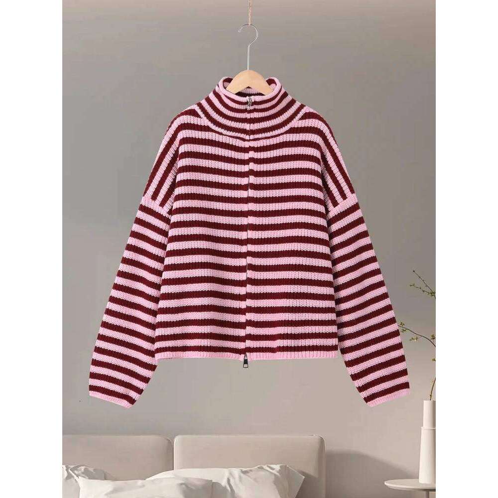 Loose Striped Women's Knit Cardigan Double Zipper Long Sleeve Stand Collar Female Sweater 2025 Autumn Winter Lady Lazy Knitwear Z260313