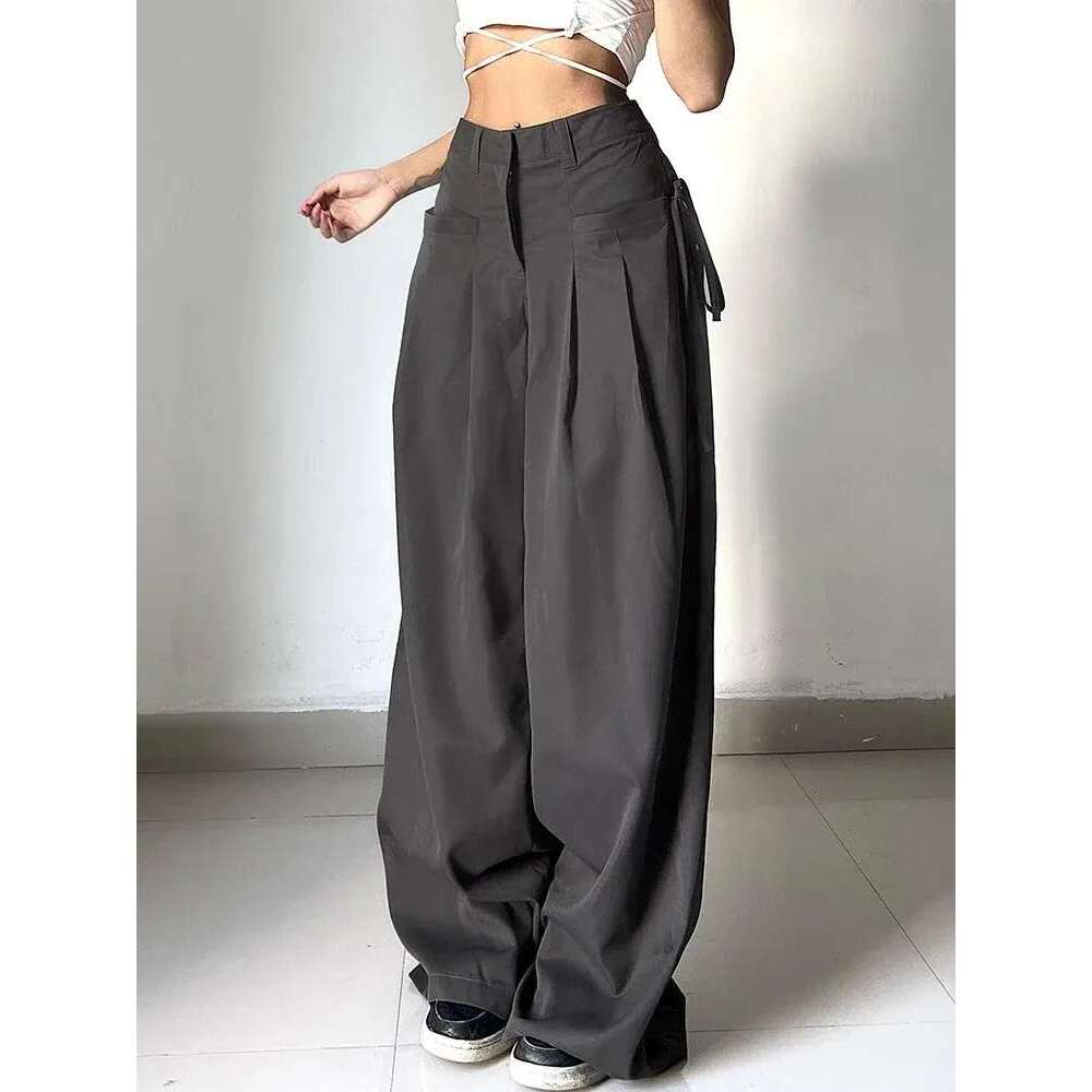 Women's Pants Shirring Casual Wide Leg Women High Waist Street Basic Loose Sweat Trousers Korean Retro Gray Office Y2K Lady Z260312