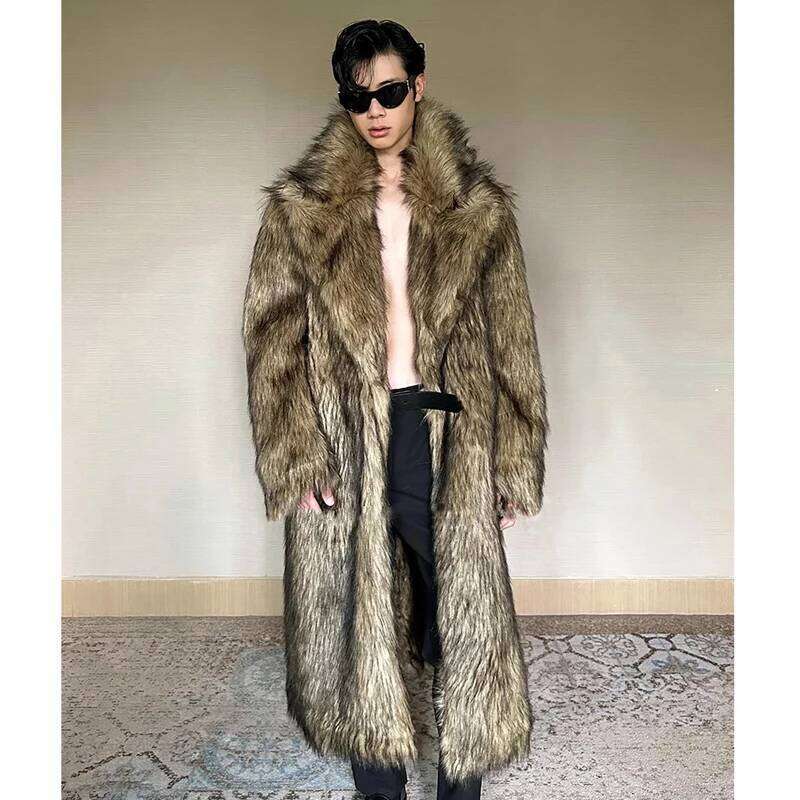 Men's fur coat, Wolf fox fur, lapel long overcoat, winter windproof and warm windbreaker, large size Z260313