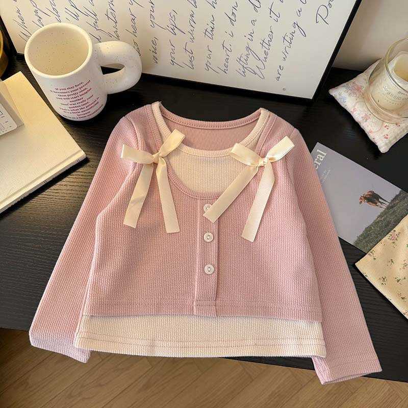 Women's T-Shirt Girls' Sweet Versatile Two-in-One T-Shirt Top Spring New Korean Style Children's Fashionable Stylish Base Shirt