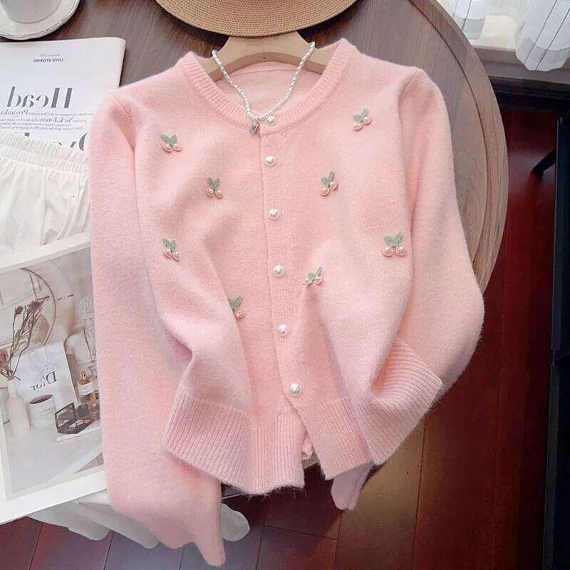 Pink Sweet Pearls Decorate Sweater Cardigan Woman Korean Fashion Print O Neck Knitwear Women Long Sleeve All Match Knitted Tops Z260313