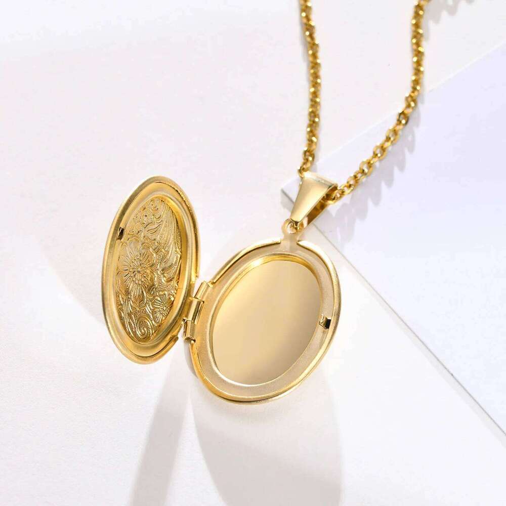 Vnox Monogram Floral Oval Heart Locket Pendant Necklaces for Women Men, Stainless Steel Photo Frame Promise Keepsake Collar H260312