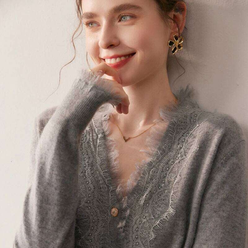 Autumn/Winter Women's 100% Pure Cashmere Cardigan Casual Solid Lace Knitted Sweater Fit V-neck Tops Warm Single breasted Jumper Z260314