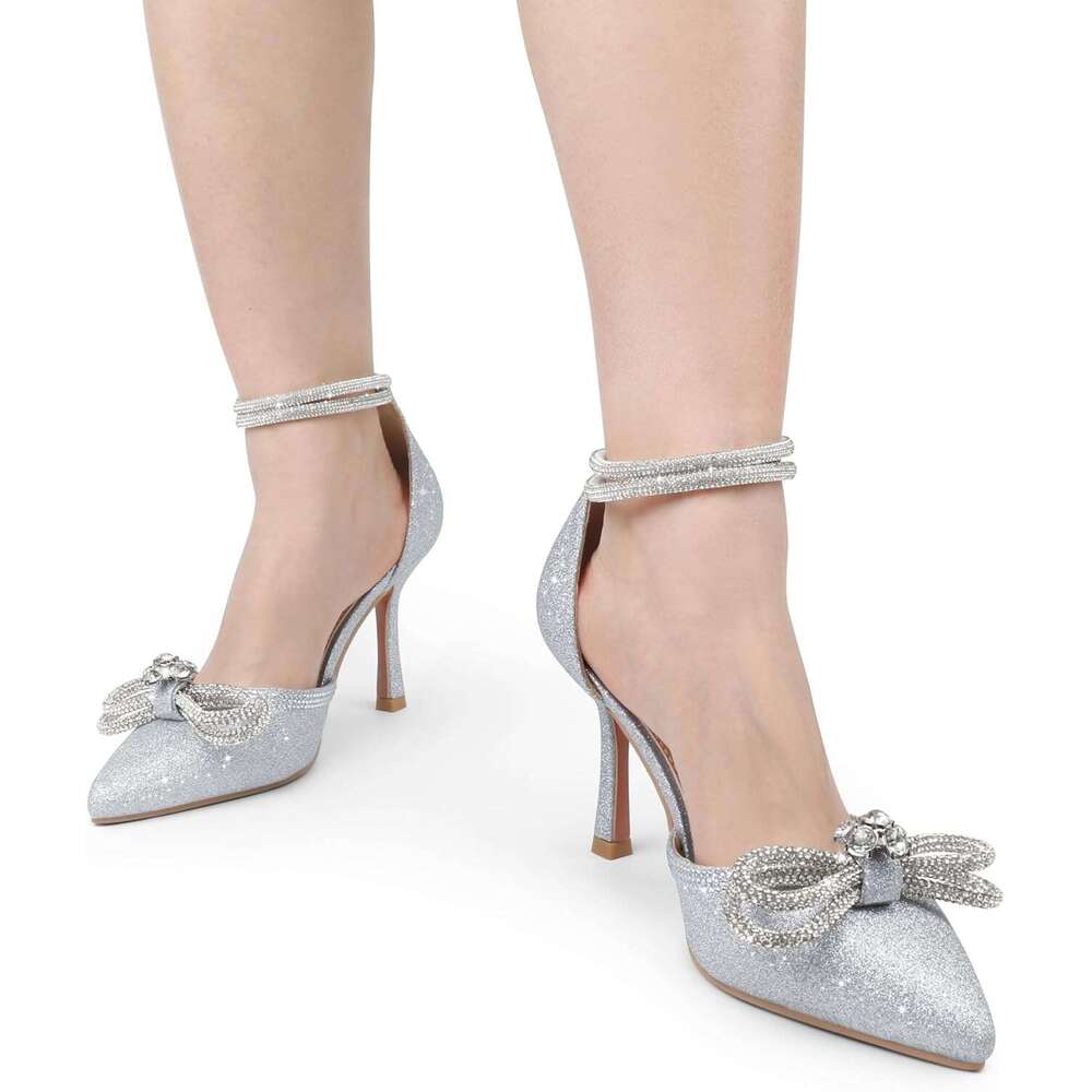 Women S Wedding Sparkly Rhinestone Stiletto Pumps Bow Pointed Toe Ankle Strap High Heels Bridal Party Dress Shoes MOJIDASHU