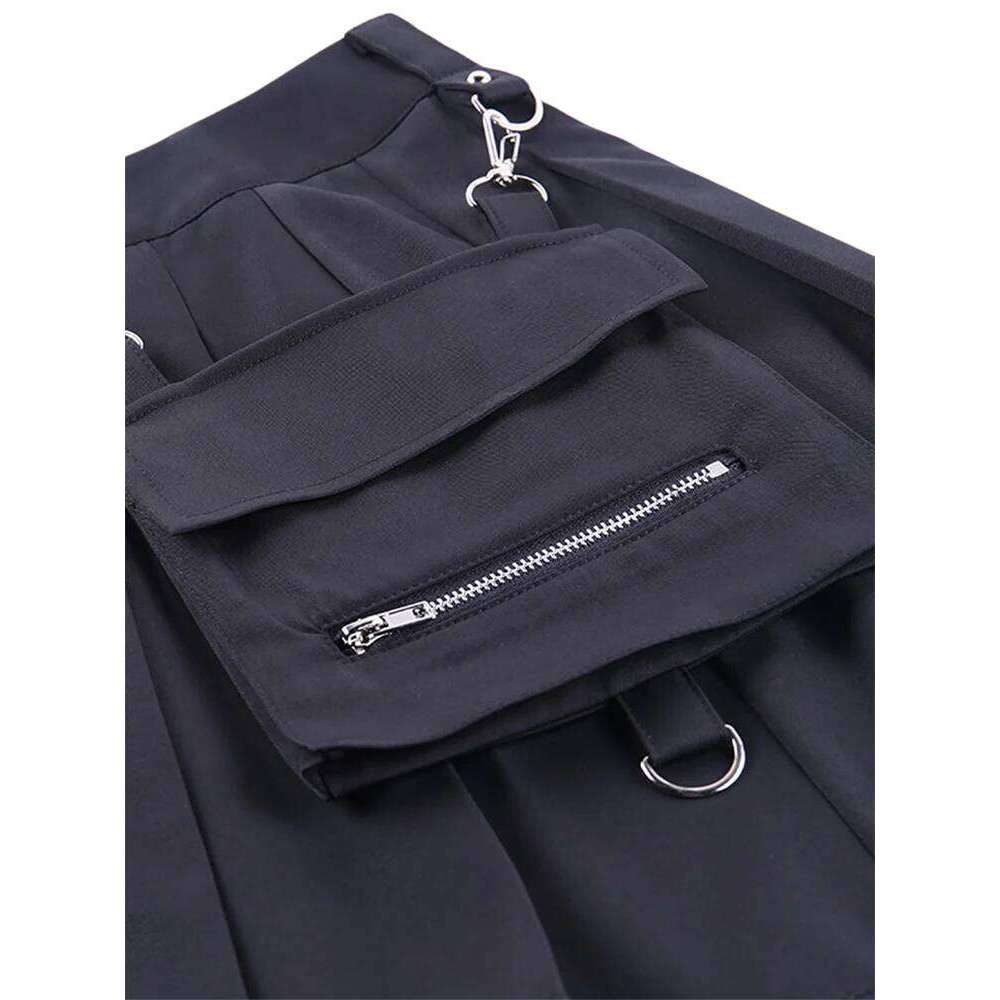 Women Gothic Punk Mini High Waist Half Skirts with Belt Pocket Korean Fashion Pleated Skirt Z260314