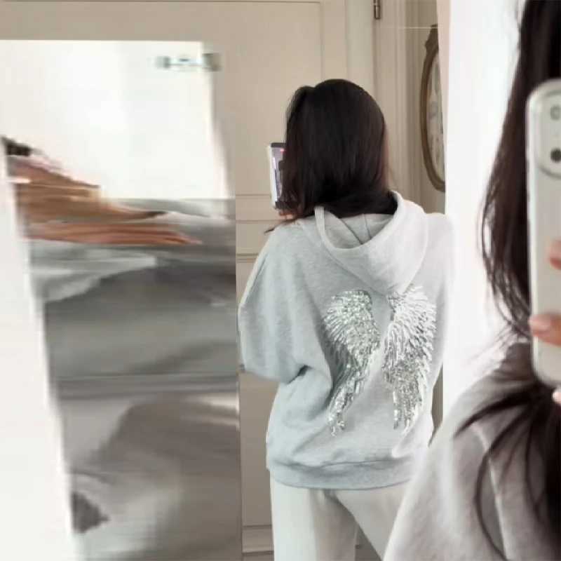 Sequin Angels Wings Hoodies Women Loose Long Sleeve Pullovers Top Slim Fit Pant Set 2025 New Casual Lady Two Piece Sets M260313