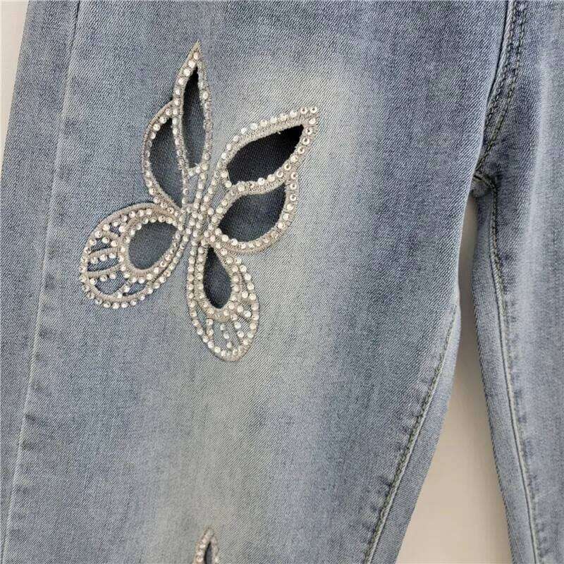 YEAE Women's Jeans High Waist Straight Flowers Shape Hollow Out Rhinestone Wide Leg Denim Pants 2025 New Fashion Spring Z260313