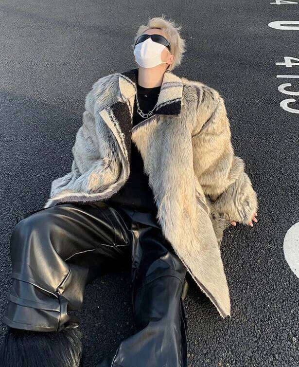 Reversible Striped Faux Fur Jacket,Fur Collar Padded Mans Coat, Y2k Winter Clothes Z260313