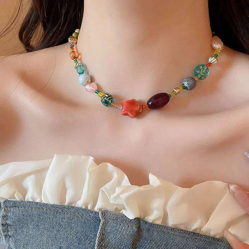 Dopamine Colorful Ceramic Glass Chokers Necklaces for Women Star Heart Ball Geometric Bead Necklace Ethnic Style Clavicle Chain H260312