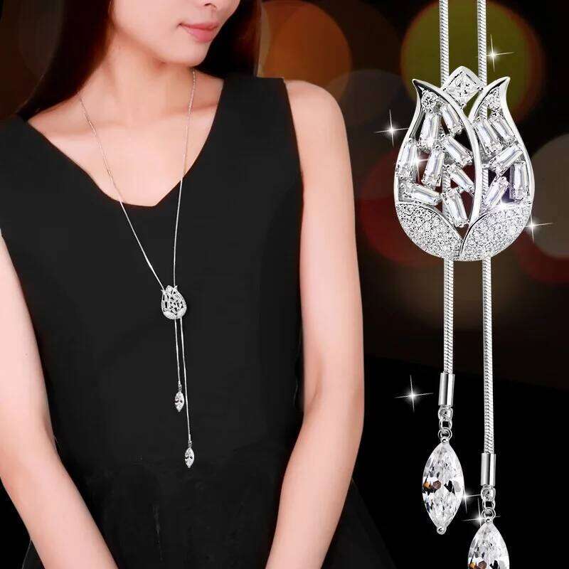 Fashion Unique Hollow Crystal Blue Shampee Tulip Pendant Sweater Silver Color Chain Long Necklace for Women H260312