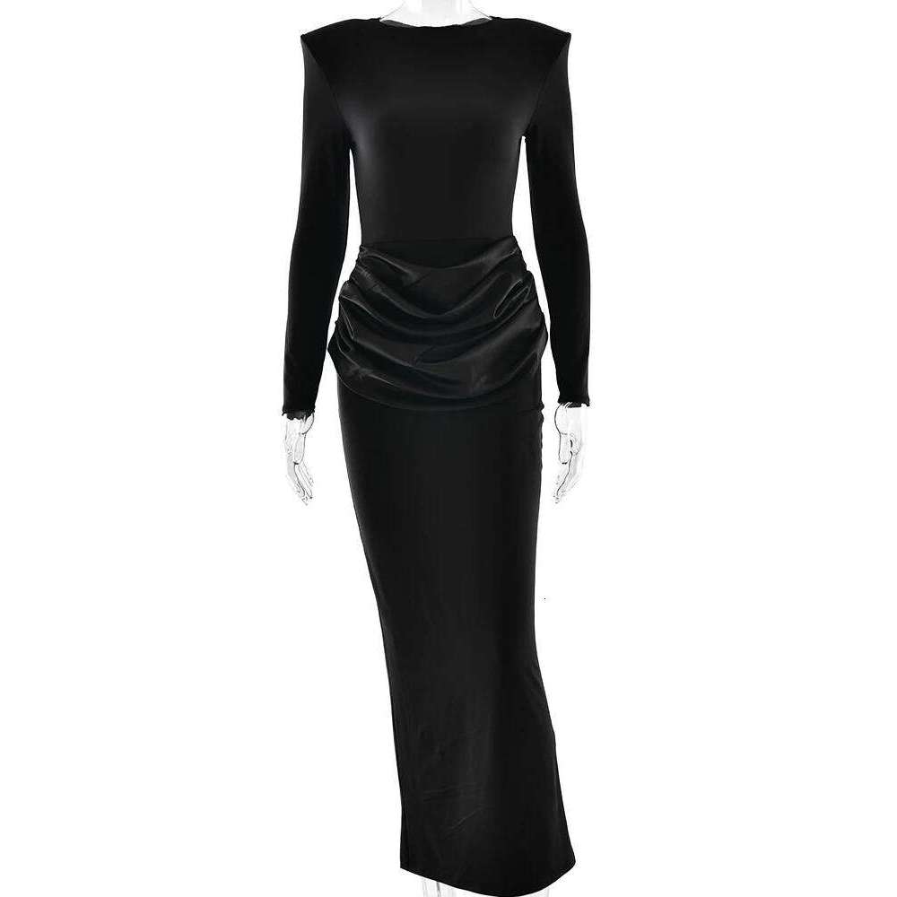 JULISSA MO Long Sleeve Round Neck Women Maxi Coffee Patchwork Satin Slit Autumn Winter Slim Elegant Party Club Dress Z260314