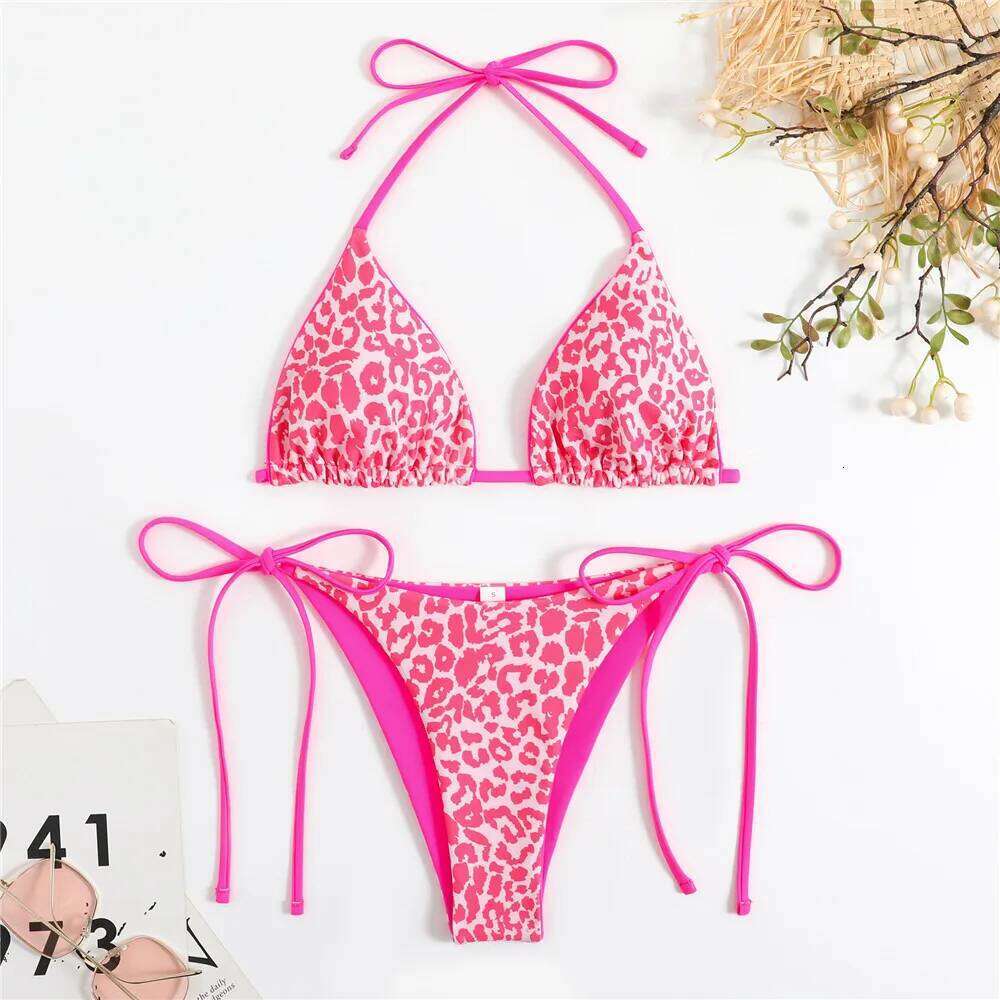 Pink Leopard Print Triangle Bikinis Sets Sexy Swimsuit 2025 Micro Thong Swimwear Bathing Suit String Halter Bikini Mujer Biquini Y260303