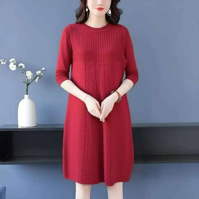 Women's Clothing Elegant All-match Solid Knit Dresses Autumn Winter New Casual Loose Long Sleeve Knee-Length Sweater Pullovers Z260314