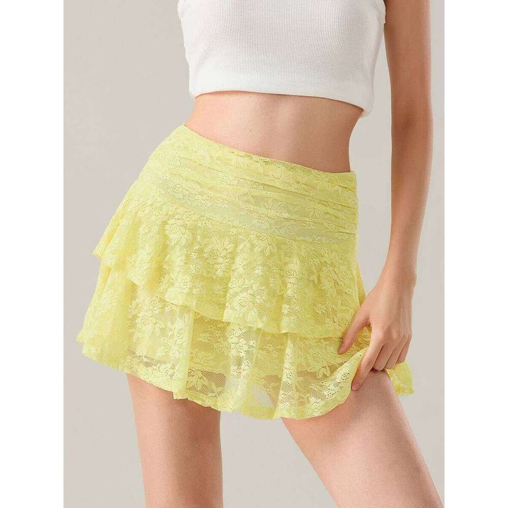 Womens Mini Lace Flower Low Waist A-Line Layered Ruffled Skirt for Daily Party Club Z260314