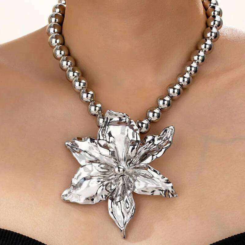 1pc Boho Beaded Chain Metal Large Volume Flower Pendant Necklace for Women Daily Occasion Party Evening Wear H260312