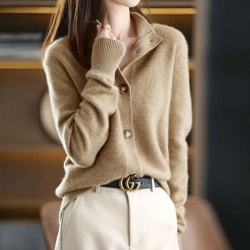 New Autumn Winter Stand collar Knitted Cardigan Loose Short Jacket Women's Outerwear Korean version long sleeved Sweater Coat Z260314