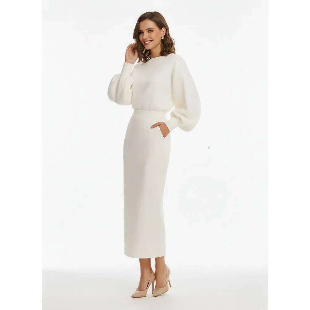 Freeacy 2025 Autumn Stylish Women's White Relaxed Fit Midi Dress Round Neck Lantern Sleeves High Waist Party Dresses Z260314