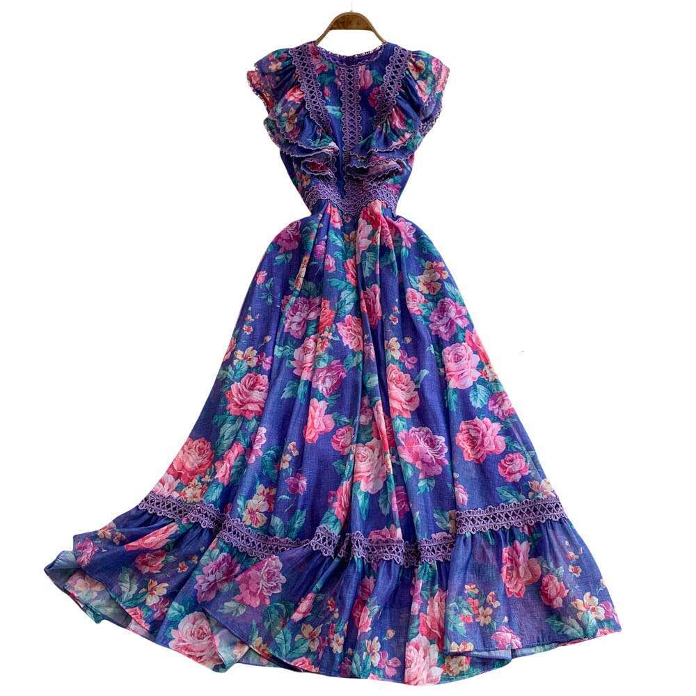 French A17 Elegant Women's 2026 New Vintage Lace Splicing Waist, Fashionable Printed Ruffle Long Dress