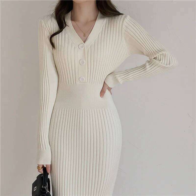ITOOLIN Women Buttons Sweater Long Sleeve Elegant Knit V-Neck Slim Bodycon Dress Female Office Vestidos Autumn Winter Z260313