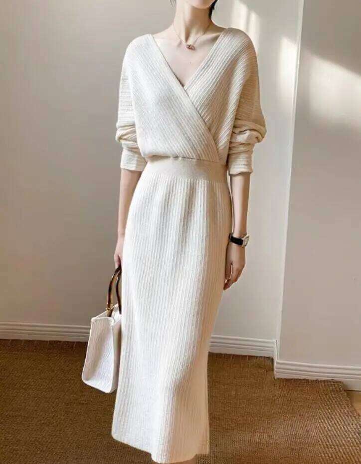 New Autumn/Winter Fashion Long Sleeve V-neck Knitted Solid Color Slim Fit Dress For Women,5 Colors Z260314
