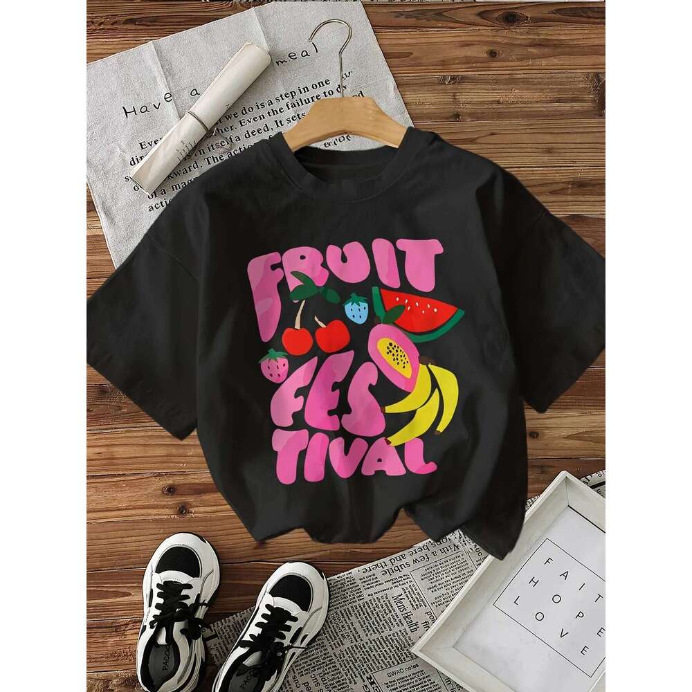 Women's Graphic Print T-Shirt Short Sleeve Crew Neck Casual with Vibrant Fruit Illustrations Lettering Comfort Summer Top Z260314
