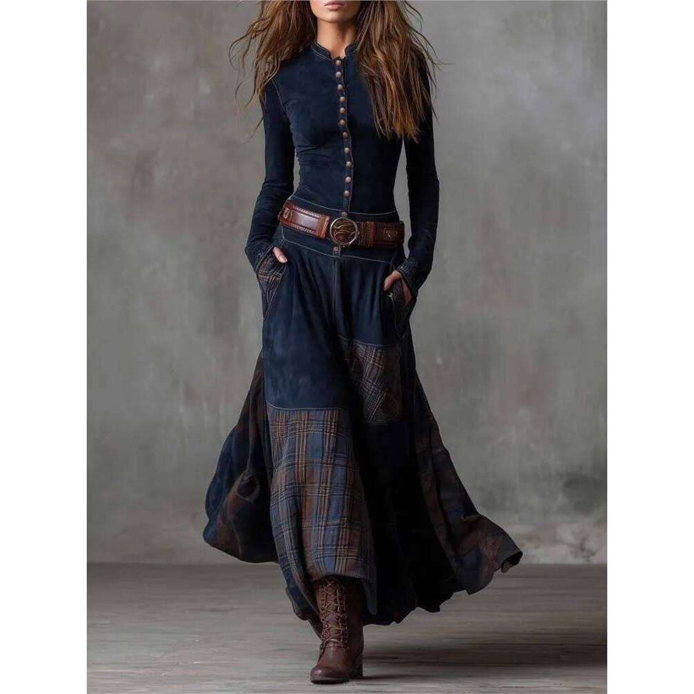 Women's Temperament Commuting Slim Dress Spring Autumn Suede Plaid Stitching Retro Pocket Button Belt Long-sleeved Dresses Z260313