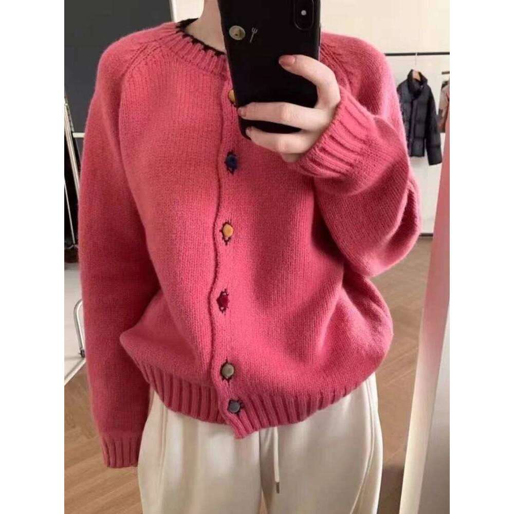 2026 Autumn Winter Coat Loose Fit O-Neck Knitted Cardigan Women's Single Button Contrast Color Lazy Korean Style Sweater Z260313