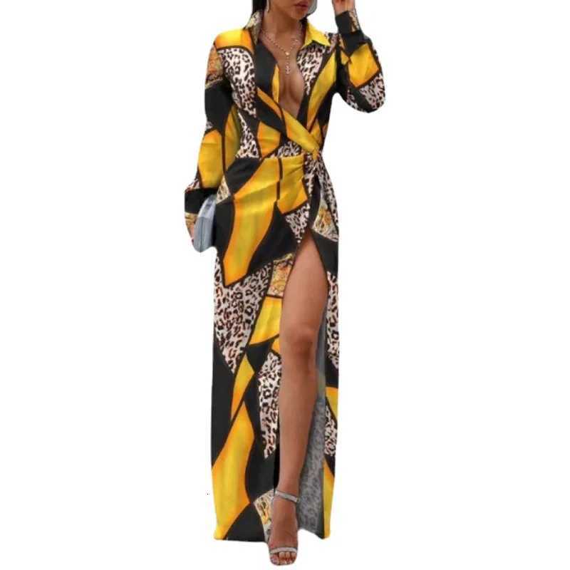 Womens Autumn Slit Long Dress Lace-up Printed Long-sleeved Dress High-waisted POLO Collar Irregular Temperament Elegant DressT260316