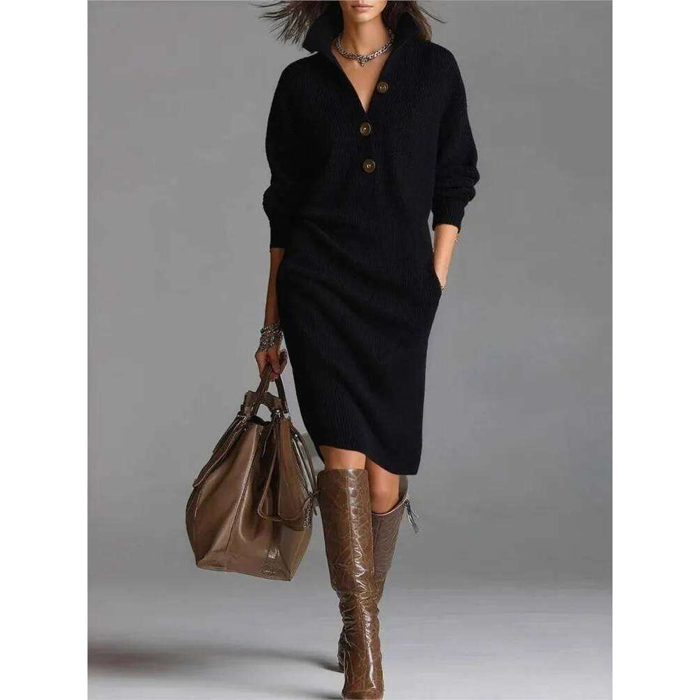 New Autumn Casual Button Loose Straight Knitting Mid-Length Sweater Dresses Women's Fashion Lapel Long Sleeve Pocket Party Dress Z260314
