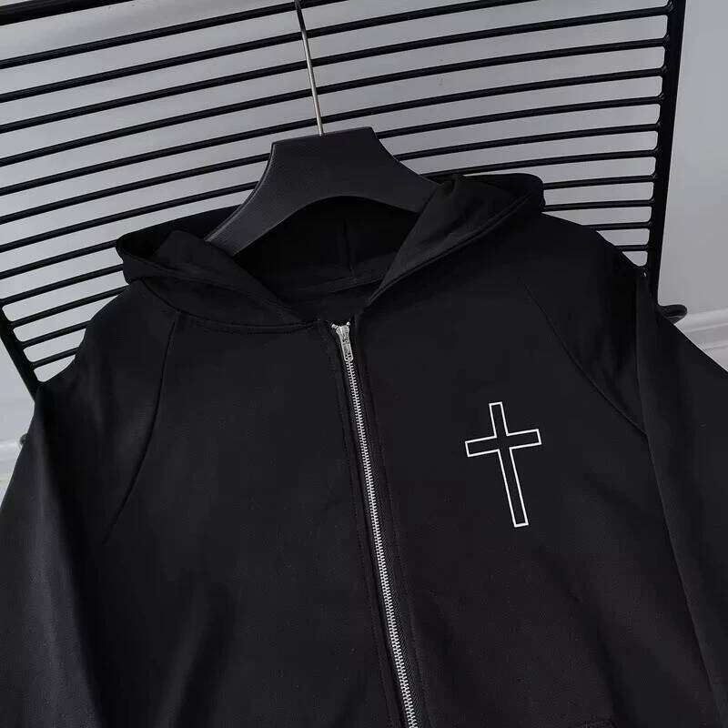 Black Zipper Cardigan Cross Logo Hoodie Jacket Men Women Best Quality Oversized Back Full Text Print Sweatshirts Y2k Z260315