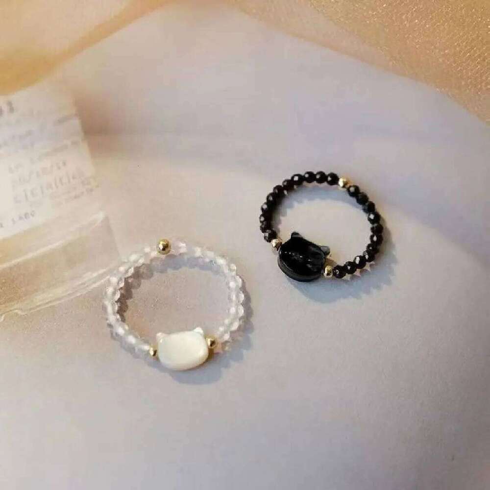 Fashion Natural Moonstone Obsidian Rings Minimalist Handmade Cute Black White Cat Bead Ring Women Party Accessories Jewelry Gift H260312