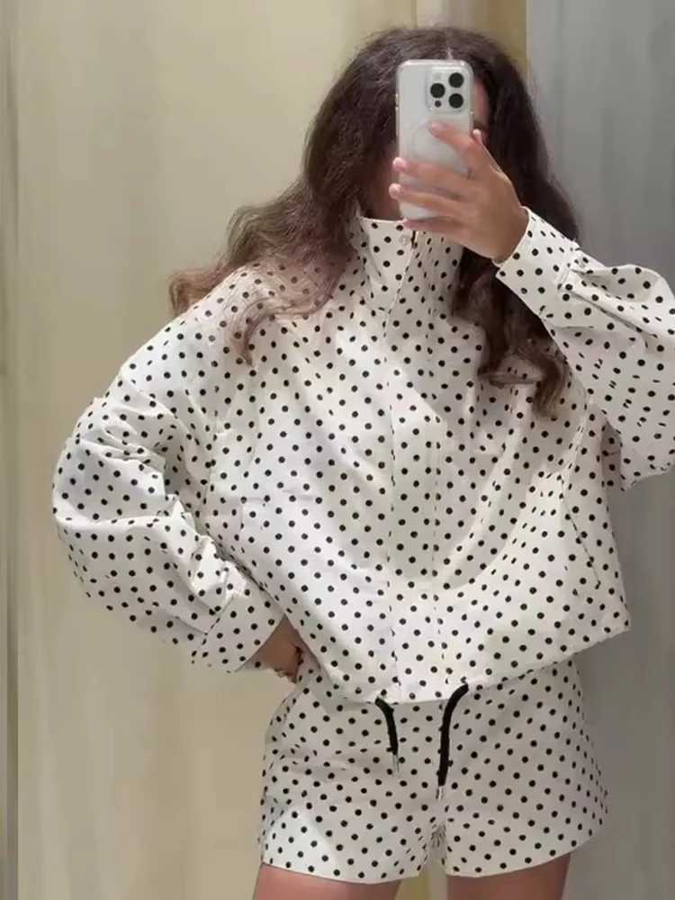 Fashion Polka Dot Shorts Sets For Women 2025 Autumn Drawstring Bomber Jacket High Waist Shorts 2 Pieces Set Woman Outfits M260313