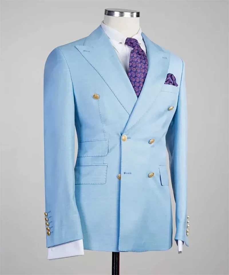 Sky Blue 2024 Wedding Business Blazer for Men Casual Plaid Peak Lapel Suit Jacket Formal Male Fashion Coat for Party Prom M260313
