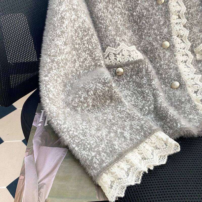 Fashion Elegant Knit Cardigan Women Small Fragrance Lace Patchwork Korean Sweater Vintage Button Imitation Mink Velvet Outwear Z260313