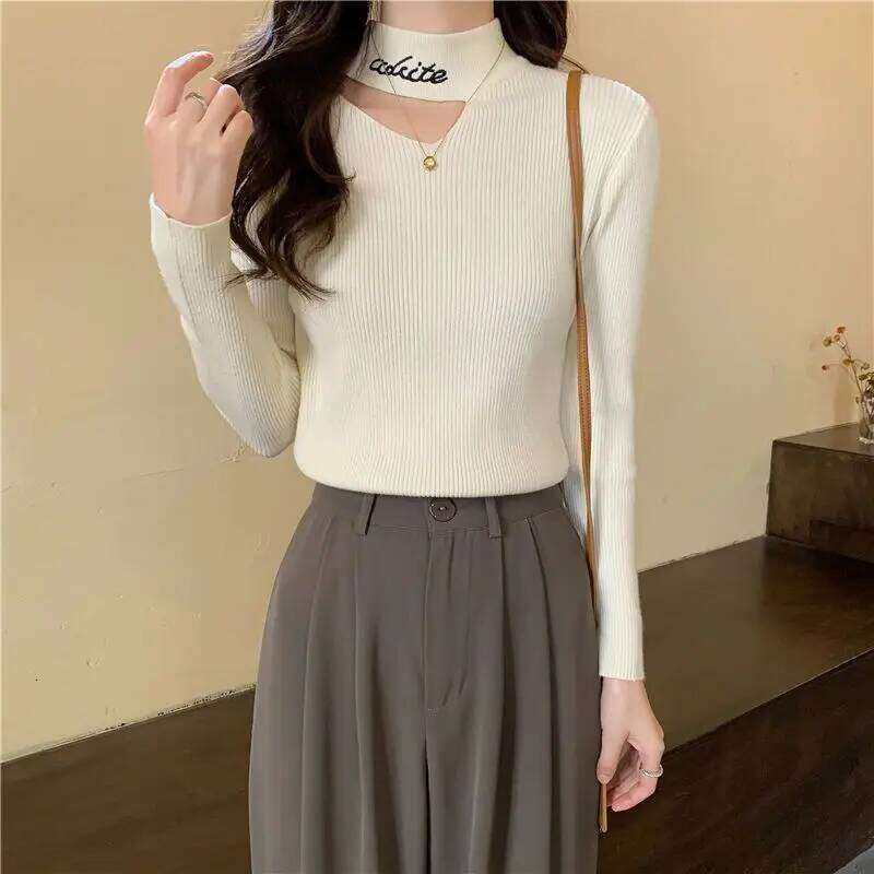 Hollow Half Turtleneck for Women in Autumn and Winter New Slim Fit Inner Long-sleeved Pullover Base Knit Sweater Trendy Z260313