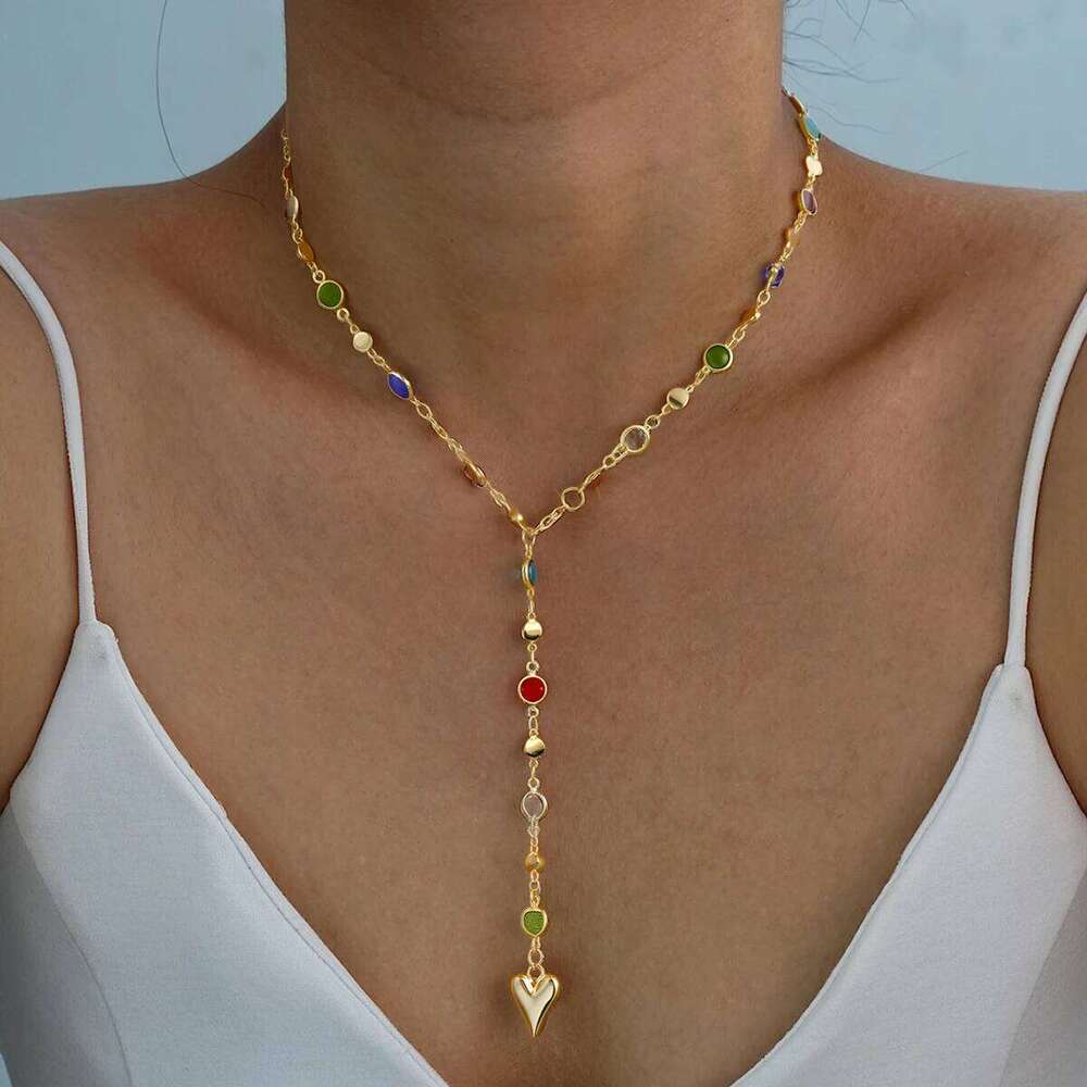 Women's Colorful Crystal Heart Necklaces Simple Long Tassel Gold Color Pendant Necklace Fashion Y-shaped Sweater Chain New H260312