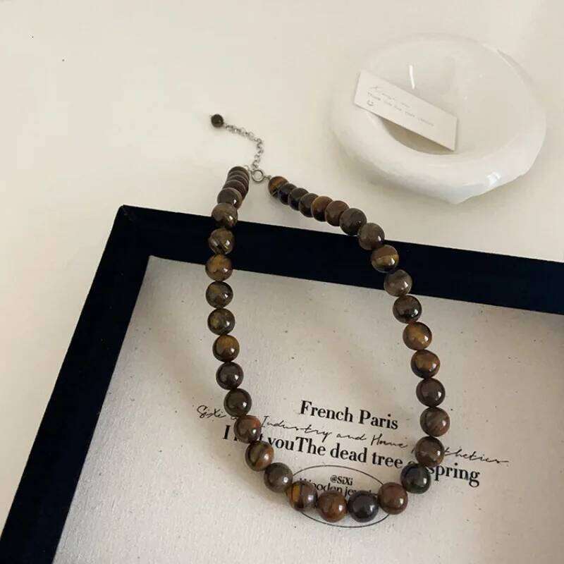 Minar Vintage 4 6 8 10mm Natural Stone Tigereye Strand Beaded Necklace for Women Femme Silver Plated Chokers Sweater Chain H260312
