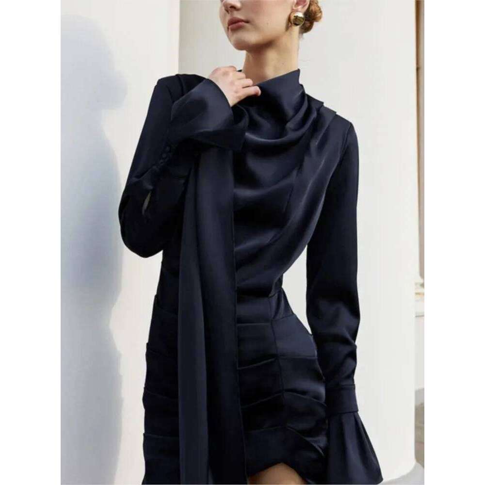 Irregular Navy Blue Long-sleeved For Women New Autumn Winter Short Dress Trumpet Sleeves Slim-fitting Hip Frock Ropa Mujer Z260314