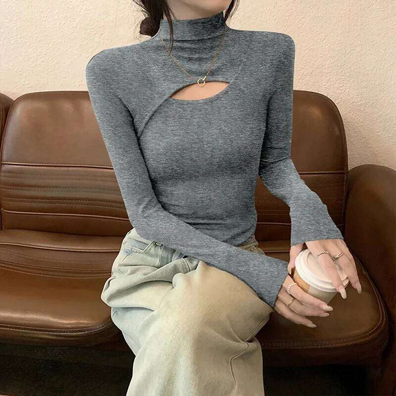 Autumn Half Turtleneck Knit Sweater Women Fashion Sexy Hollow Out Slim Long Sleeve Pullover Korean Solid Simple All Match Jumper Z260313